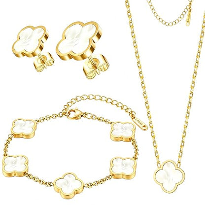 Clover Jewelry Set 3 PC - 18K Gold Plated Stainless Steel Y Necklace Four Leaf Pendant, Clover Bracelet Charm, 4leaf Earrings, Hypoallergenic Non-Tarnish, Lucky Jewelry Gifts for Women Mom - color: White/Gold