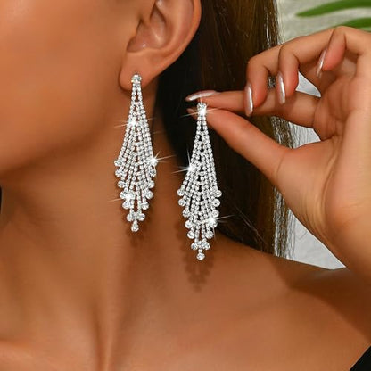 Rhinestone Earrings Prom Earrings for Women Sparkly Long Tassel Chandelier Drop Statement Earring Jewerly Gifts Wedding Party Prom Dresses Accessories - color: A6:silver dangle earrings