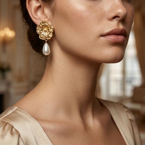 Chunky Gold Plated Flower Statement Drop Earrings for Women | Hypoallergenic 18K Gold Plated Textured Petal Wing, Large Statement Dangle Earrings for Wedding Party - color: Sunflower Pearl
