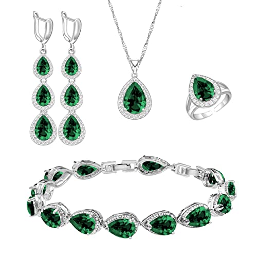 LMXXVJ Necklace Long Earrings Bracelet Set, White Gold Plated Created Blue Sapphire Jewelry Set Wedding Party Gift Jewelry for Women Bridal Bridesmaid - color: White Gold-Green Ring