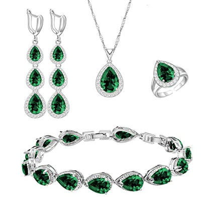 LMXXVJ Necklace Long Earrings Bracelet Set, White Gold Plated Created Blue Sapphire Jewelry Set Wedding Party Gift Jewelry for Women Bridal Bridesmaid - color: White Gold-Green Ring
