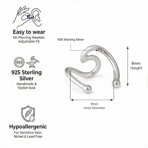 925 Sterling Silver Ear Cuff, Handmade Single Band Adjustable Non Piercing Clip On Cartilage Earring, Minimalist Ear Wrap Faux Piercing Jewelry for Women - style: Wave Band