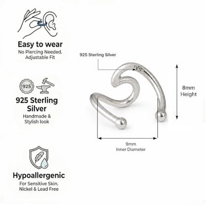 925 Sterling Silver Ear Cuff, Handmade Single Band Adjustable Non Piercing Clip On Cartilage Earring, Minimalist Ear Wrap Faux Piercing Jewelry for Women - style: Wave Band