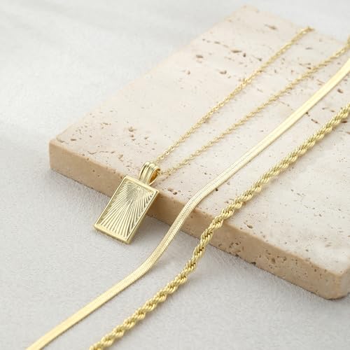 Layered Gold Silver Necklaces for Women, Stackable Stack 14K Real Gold Plated Silver Chain Necklace Diamond Circle CZ Layering Pendant Necklaces Trendy Gold Jewelry Set Gifts - color: gold, style: 3PC-Rectangle