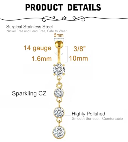 Silver Gold Belly Button Ring for Women Clicker Hoop Belly Rings Opal Navel Piercing Jewelry Dangle Hypoallergenic Surgical Steel Dainty Dangling Navel Rings for Women - color: F2-dangle-gold-3p