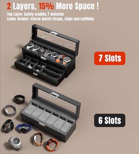 Watch Case Box for Men - 7 SLots Watches Storage Organizer Real-Glass Display Case with Jewelry Drawer 2-Layer Ti Pu Leather Collection Holder Gift for Love Ones Metal Black - size: 7 Slots, Metal Black