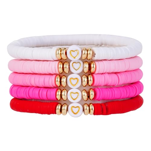 Summer Surfer Heishi Bracelet Set for Women Stackable Gold Plated Clay Ploymer Bead Stretch Pink Beach Layering Bracelets Jewelry - color: A-Love 5pcs