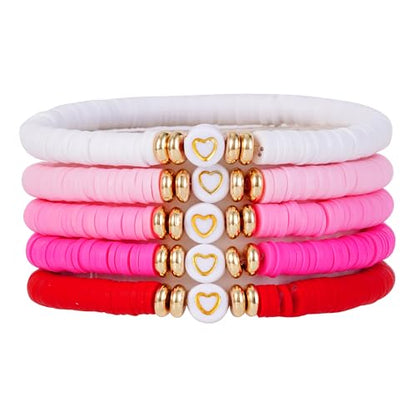 Summer Surfer Heishi Bracelet Set for Women Stackable Gold Plated Clay Ploymer Bead Stretch Pink Beach Layering Bracelets Jewelry - color: A-Love 5pcs
