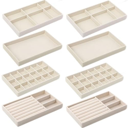 Inbagi 8 Pcs Small Velvet Jewelry Trays Stackable Drawers Organizer Inserts Divided Display Trays for Earring Ring Necklace, Beige