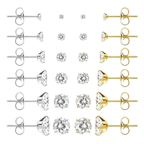 6/12 Pairs Silver Gold Stud Earrings Set for Women Men Cubic Zirconia 316L | Hypoallergenic, 14K Gold Plated Surgical Stainless Steel, 2 3 4 5 6 7 mm CZ Jewelry, Lightweight, Multiple Piercing - color: Sliver+Gold/12 Pair