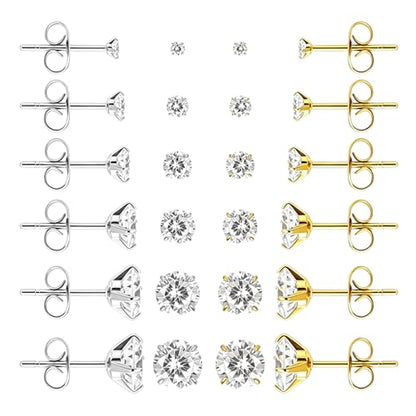 6/12 Pairs Silver Gold Stud Earrings Set for Women Men Cubic Zirconia 316L | Hypoallergenic, 14K Gold Plated Surgical Stainless Steel, 2 3 4 5 6 7 mm CZ Jewelry, Lightweight, Multiple Piercing - color: Sliver+Gold/12 Pair
