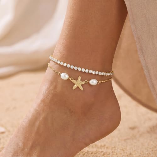 Robaice Anklets for Women, 14K Gold Plated Layered Ankle Bracelets | Waterproof Figaro Link Pearl Anklet, Ankle Bracelets for Women Stackable, Summer Beach Jewelry Gifts Non Tarnish - style: Gold CZ Starfish Anklet