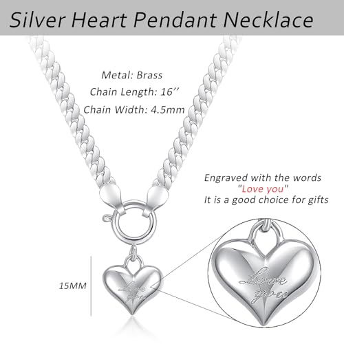 NUZON Sunburst Heart / 2-Tone Interlocking/CZ Evil Eye/Single Pearl/Love Heart Pendant Necklace for Women 14K Gold Chain Necklace Chunky Statement Jewelry - color: "Love you" Heart - Silver