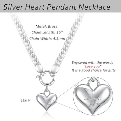 NUZON Sunburst Heart / 2-Tone Interlocking/CZ Evil Eye/Single Pearl/Love Heart Pendant Necklace for Women 14K Gold Chain Necklace Chunky Statement Jewelry - color: "Love you" Heart - Silver