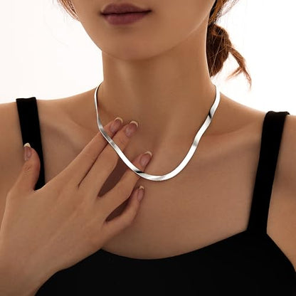 WomenGifts 14K Gold Silver Plated Herringbone Necklace for Women, Dainty Snake Chain Choker, Trendy Simple Long Layered Jewelry Non Tarnish, 3/4/5/8mm,14,16,18,20,22,24,26 Inch Thin & Chunky Options - color: Silver, style: 5mm-16inch