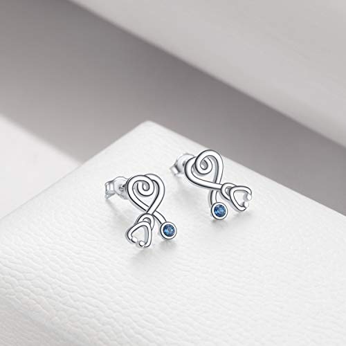 Stethoscope Earrings 925 Sterling Silver Heart Studs Earrings 12 Months Birthstone Crystals from Austria, Graduation Jewelry Gifts for Nurse Doctor RN Medical Student - color: Blue