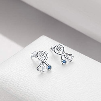 Stethoscope Earrings 925 Sterling Silver Heart Studs Earrings 12 Months Birthstone Crystals from Austria, Graduation Jewelry Gifts for Nurse Doctor RN Medical Student - color: Blue