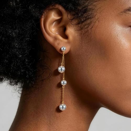 Long Chain Pearl Dangle Earrings for Women | 4Pcs Pearls, 14K Gold Plated, Dainty Tassel Drop, Lightweight Pearl Dangly Earring, Wedding Jewelry Gifts - color: Gold-Round
