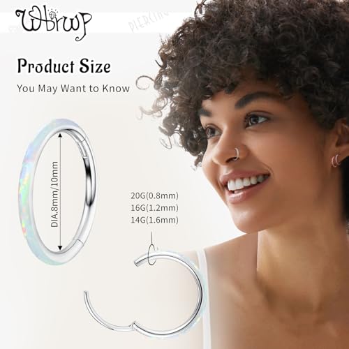 WBRWP 316L Stainless Steel Nose Hoop Rings Clicker with Zircon/Opal 14g-20g | Hypoallergenic Nose Rings Segment Clicker Lip Rings Cartilage Rook Conch Earrings Diameter 5mm-10mm - color: Silver ring with white opal -1pc pack
