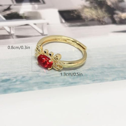 Dtja Crystal Crab Statement Ring for Women Gold Plated Expandable Cute Marine Animal Adjustable Open Wrap Finger Ring Elegant Birthday Holiday Party Jewelry - color: Red
