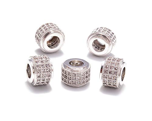 AD Beads Zircon Pave Rhinestones Big Hole Rondelle Spacer Beads 6x7mm 5Pcs Clear on Silver - color: 5 Pcs Clear on Silver 3 Row Rondelle (6x7mm)