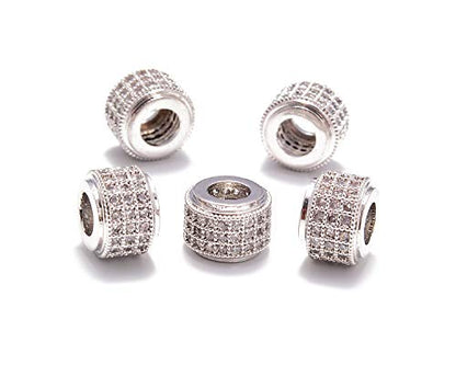 AD Beads Zircon Pave Rhinestones Big Hole Rondelle Spacer Beads 6x7mm 5Pcs Clear on Silver - color: 5 Pcs Clear on Silver 3 Row Rondelle (6x7mm)