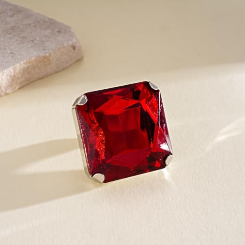 Chunky Oversized Huge Square Open Ring for Women Artificial Crystal Rhinestone Band Rings Statement Geometry Exaggerated Adjustable Cocktail Party Jewelry - color: Red
