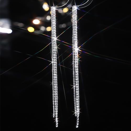 Sparkly Rhinestone Long Tassel Dangle Earrings Crystal Chandelier Dangle Drop Earrings Wedding Party Prom Earrings Jewelry for Women Gifts - color: Silver