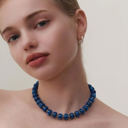Chunky Beaded Necklace for Women, Colorful Boho Statement Necklace, Gold Chunky Resin Large Bead Necklace, Waterproof Summer Beach Jewelry Gifts for Women - color: Blue