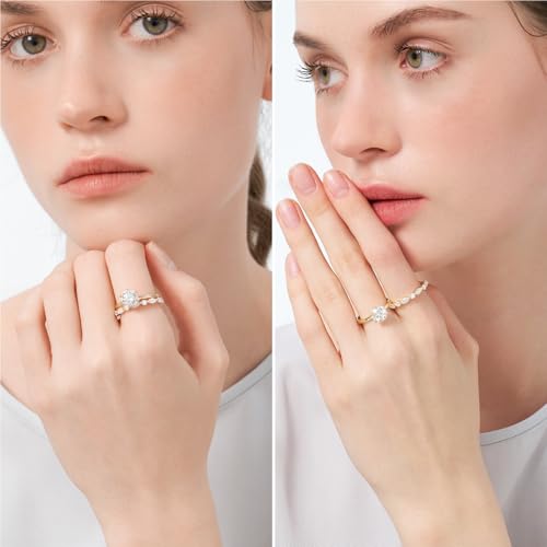 Moissanite Wedding Ring Bridal Set for Women, 3.3CTTW(2CT Center) Round Cut 9K Gold Plated D Color VVS1 Clarity, 925 Sterling Silver Wedding Band Engagement Rings for Her