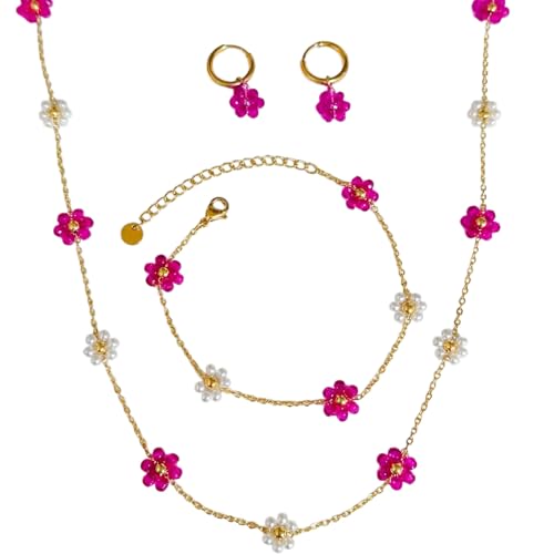 Daisy Pearl Jewelry Set for Women, 14K Gold Plated Stainless Steel Necklace Bracelet Earring 3 Piece Set, Dainty Pearl Choker Flower Necklace Birthday Gift for Her - color: Rose Red + Pearl White