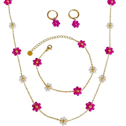 Daisy Pearl Jewelry Set for Women, 14K Gold Plated Stainless Steel Necklace Bracelet Earring 3 Piece Set, Dainty Pearl Choker Flower Necklace Birthday Gift for Her - color: Rose Red + Pearl White