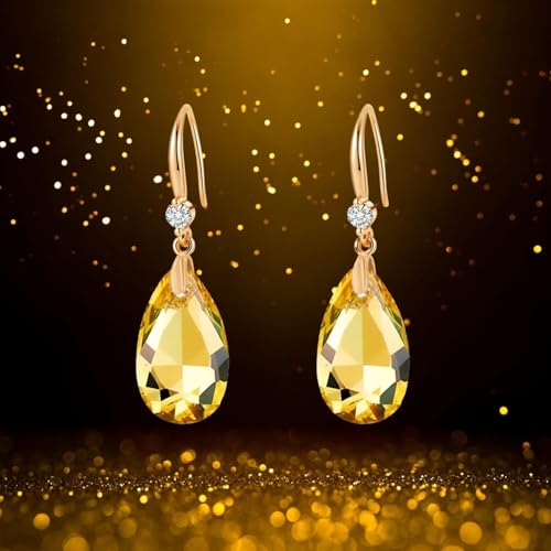 Austrian Crystal Teardrop Dangle Drop Earrings for Women 14K Gold Plated Hook Earring Hypoallergenic Jewelry Gifts for Women Girls - color: Yellow