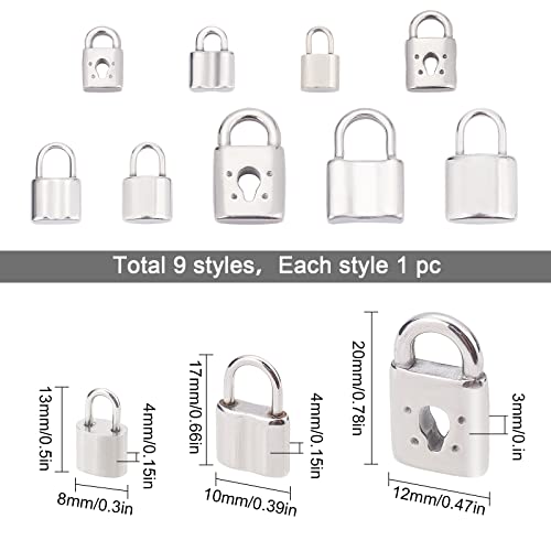 SUNNYCLUE 1 Box 9 Styles Silver Lock Charms Stainless Steel Padlock Pendants Mini Hollow Key Hole Lock Metal Charm for Valentine's Day Gifts Necklaces Earrings DIY Crafts Making Supplies