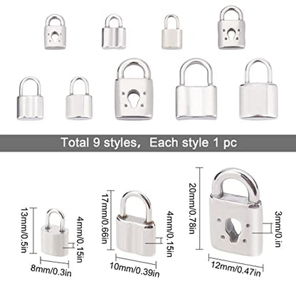SUNNYCLUE 1 Box 9 Styles Silver Lock Charms Stainless Steel Padlock Pendants Mini Hollow Key Hole Lock Metal Charm for Valentine's Day Gifts Necklaces Earrings DIY Crafts Making Supplies
