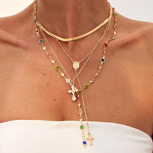 KURTCB Rhinestone Necklace for Women Boho Long Y Lariat Gold Necklace Stack Colorful Summer Beach Jewelry - color: Gold Cross Stone