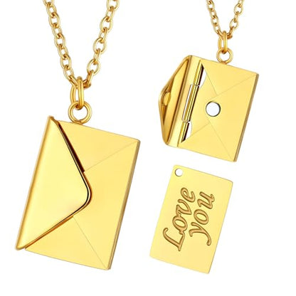 FindChic Locket Necklace for Women Custom Photo Memorial Gifts 4 Colors | Silver/Black/Rose Gold/Gold Plated Personalized for Loved Ones, Birthday Valentine's Day Keepsake - style: 07. Love Letter-Gold