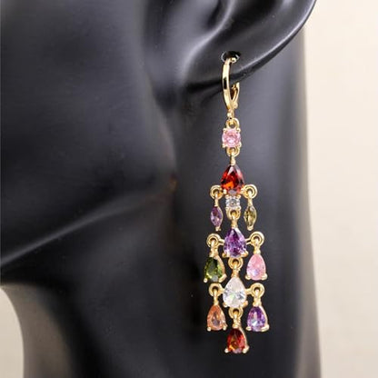 18K Gold Plated Flower Dangle Earrings for Women, Hypoallergenic Cubic Zirconia Earrings, Elegant CZ Drop Earrings, Statement Jewelry Gifts Party Fashion - style: Chandelier-Gold-Mix