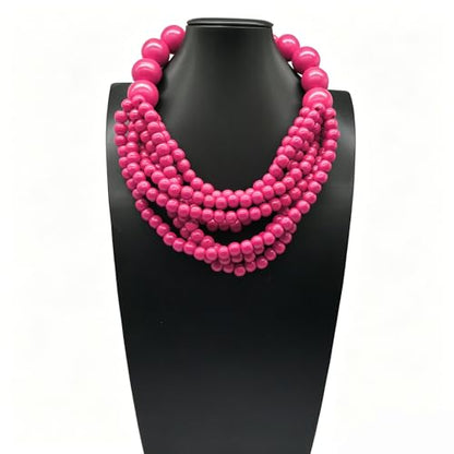 COLORFUL BLING Boho African Wooden Beaded Strands Necklace Ethnic Layered Chunky Collar Choker Wood Necklace for Women Hip Hop Statement Jewelry - color: rose