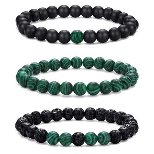 Mens Bead Bracelet Set - Adjustable Elastic Rope With 6&8MM Natural Stone Multi-Colored Beads - Tiger Eye Bracelets for Men - Gift - style: 3,green,black bracelet