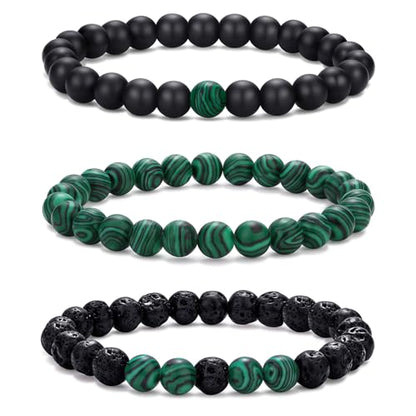 Mens Bead Bracelet Set - Adjustable Elastic Rope With 6&8MM Natural Stone Multi-Colored Beads - Tiger Eye Bracelets for Men - Gift - style: 3,green,black bracelet