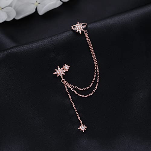 SLUYNZ 925 Sterling Silver Fashion Star Cuff Earring Chain for Women Star Crawler Earring Wrap Earrings - color: One Earring(Left)-C-Rose Gold Plated