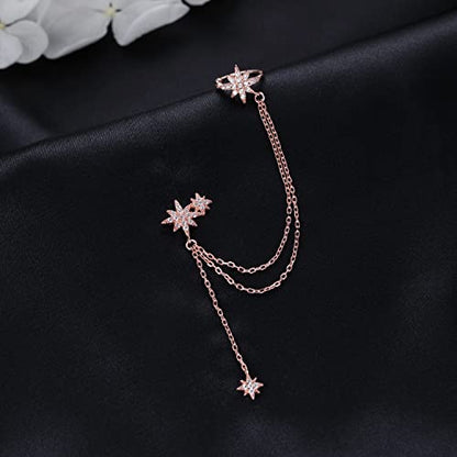 SLUYNZ 925 Sterling Silver Fashion Star Cuff Earring Chain for Women Star Crawler Earring Wrap Earrings - color: One Earring(Left)-C-Rose Gold Plated