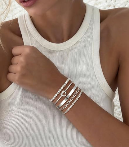 14K Gold Plated Stackable Bangle Bracelets Set for Women | Cuff Bracelet Stackable Bangles Bracelet for Women Trendy Fashion Accessories Tie Knot Cuban Rope Paperclip Beaded Bracelets - color: 5-layer G SL