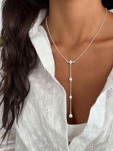 14K Gold Plated Layered Lariat Necklace for Women - Waterproof Non-Tarnish Dainty Gold Chain Necklace, Long Boho Statement Jewelry for Wedding, Prom, Summer Vacation Gifts - color: Four CZ Y Necklace-Silver