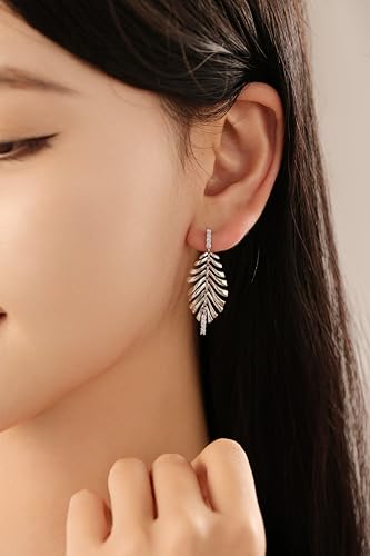 Sylph 14K 18K Gold Plated Chandelier Earrings for Women, Long Tassel Earring Huggie, Silver Leaf Dangle Drop Earrings, Dainty Bohemian Jewelry Gifts for Wedding Everyday Wear - color: D-Lightweight Feather Earrings Silver