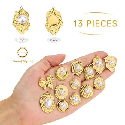 UMAOKANG 13pcs Artificial Pearl Charms for Jewelry Making Gold Plated Stainless Steel Bulk Charms with 20pcs Jump Rings - color: Pearl Gold