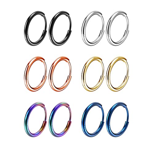 Osayia 316L Surgical Stainless Steel Small Hoop Earrings 8mm 10mm 12mm Hypoallergenic Huggie Thin Hoop Earrings Helix Lobes Hinged Sleeper Earrings Men Women for Cartilage Piercings - color: B: Diameter 10mm (6 Color),6 Pairs