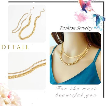 Gold Choker Necklace Dainty Cuban Link Necklace Simple Flat Snake Chain Necklace Layered Herringbone Necklace Hip Hop Jewelry for Women - style: Style-1