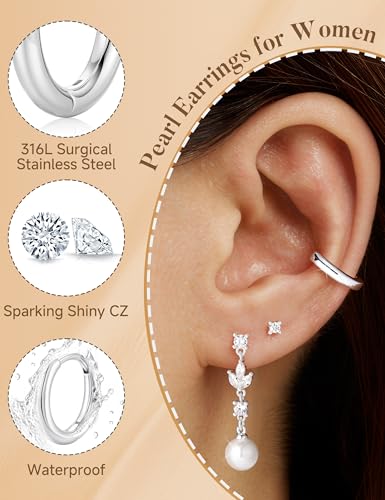 M MOOHAM Pearl Earrings for Women, 14K Gold Plated Pearl Drop Earrings | Hypoallergenic Pearl Dangle Earrings Set, Dainty Flat Back Stud Earring Stack, Bridal Shower Gifts, Wedding Jewelry - color: Silver